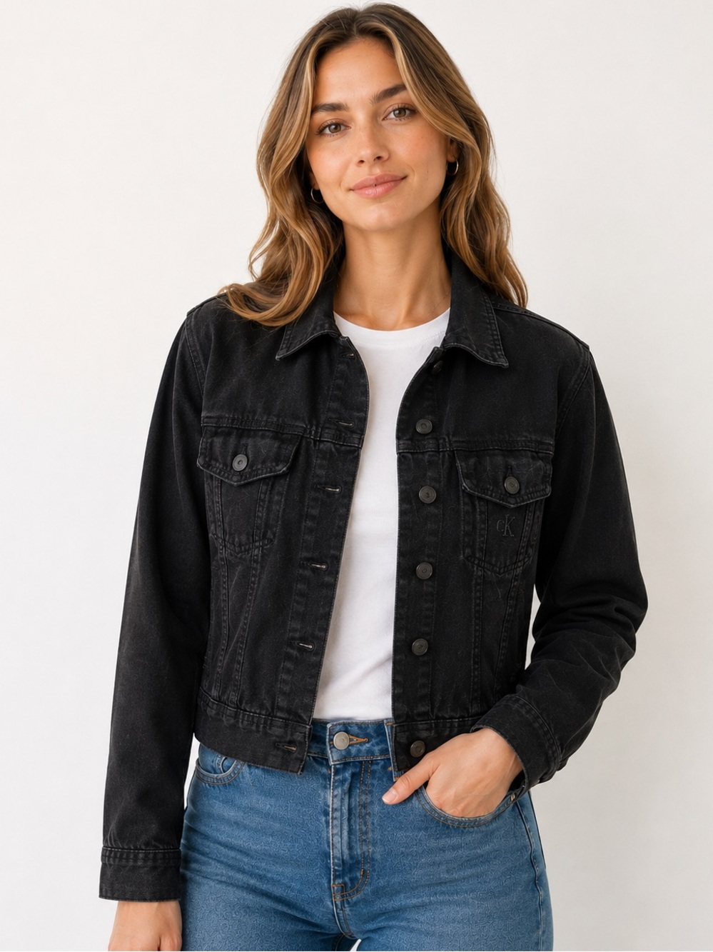 Calvin Klein Jeans Black Cropped Denim Jean Jacket 100% Cotton Small